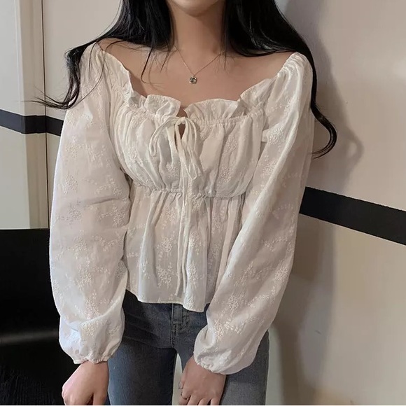 Floral embroidery cropped blouse top off shoulder shirt tie lantern sleeve - Picture 3 of 6